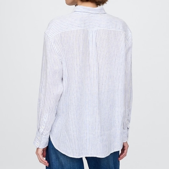 GAP Women's Blue Striped Relaxed Fit Linen Button Up Shirt, Size LP, NWT - Picture 3 of 13